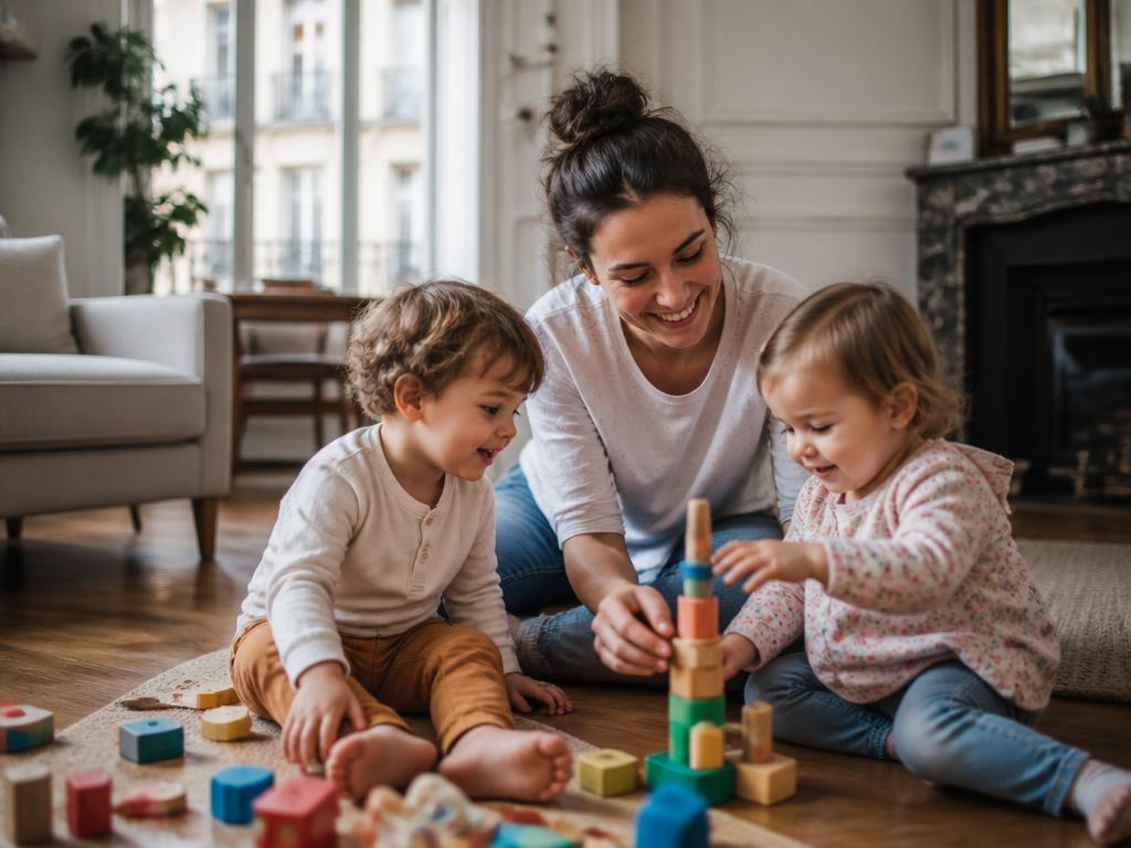 Baby-sitter jouant avec deux enfants dans un appartement parisien